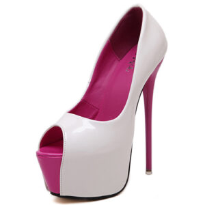 Round Peep Toe Color-block Patchwork Platform Stiletto Super High Heel White Pumps