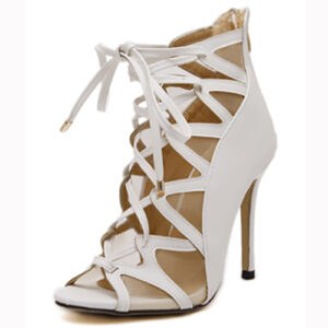 Trendy Open Toe Cross Lace-up Hollow-out Stiletto Super High Heel White PU Pumps